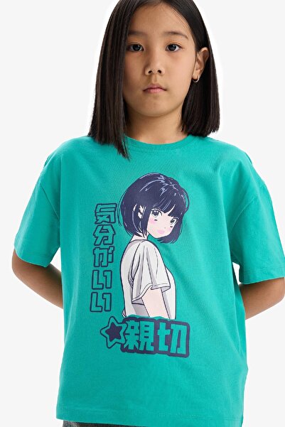 DeFacto Girl's Oversize Wide Fit Crew Neck Printed Short Sleeve T-Shirt E0356A825Sm