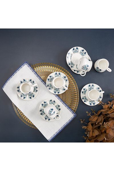 Karaca Bursa 12-Piece Porcelain Espresso Turkish Coffee Cup Set for 6 People, 90ml, Blue White