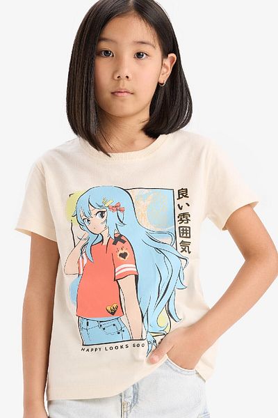 DeFacto Girl's Crew Neck Anime Printed Short Sleeve T-Shirt E0350A825Sm