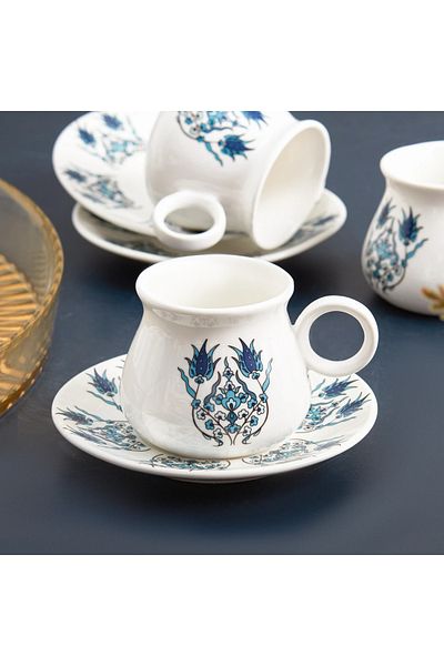 Karaca Bursa 12-Piece Porcelain Espresso Turkish Coffee Cup Set for 6 People, 90ml, Blue White
