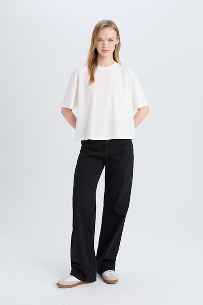 DeFacto Coool Loose Fit Rundhalsausschnitt Basic Plain Dicker Stoff Kurzarm Weißes T-Shirt E0291ax25sm