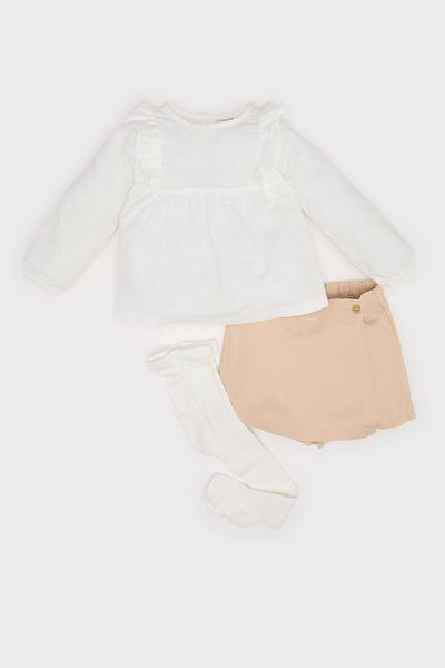DeFacto Baby Girl 3Pcs Suit Crew Neck Long Sleeve Top Stretchy Waisted Shorts Skirt D9318A525Sp