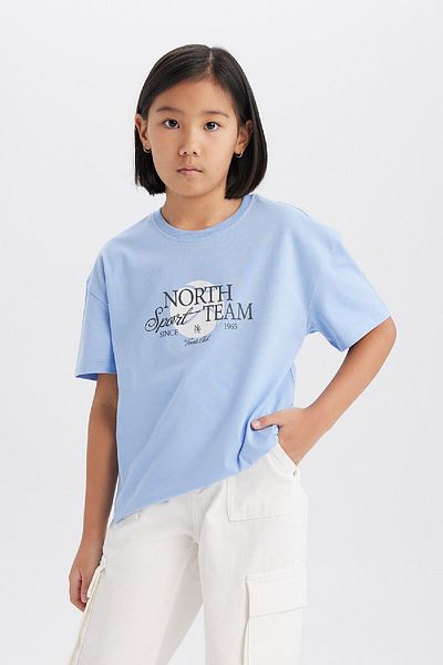 DeFacto Tricou cu mânecă scurtă cu imprimeu pentru fete, cu decolteu, relaxat, E0355A825SM