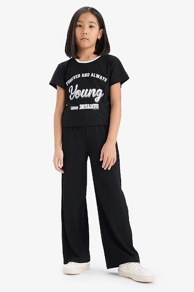 DeFacto Girls' Set of 2 Ribbed Camisole Printed Short-Sleeved T-Shirt Wide Leg Wide Wide Leg Pants E041