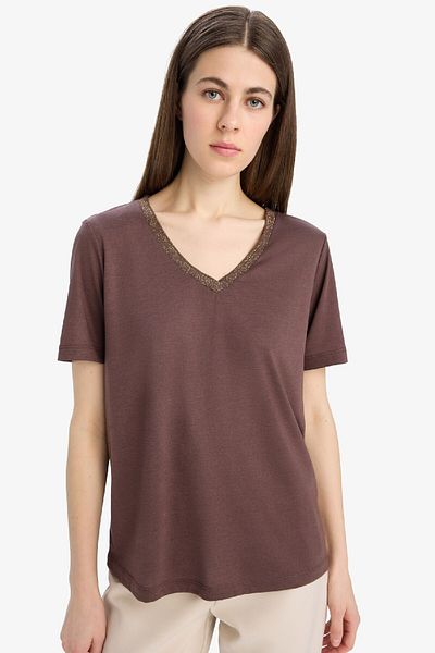DeFacto Normale Passform, V-Ausschnitt, einfaches, einfarbiges Kurzarm-T-Shirt K5057AZ25SP