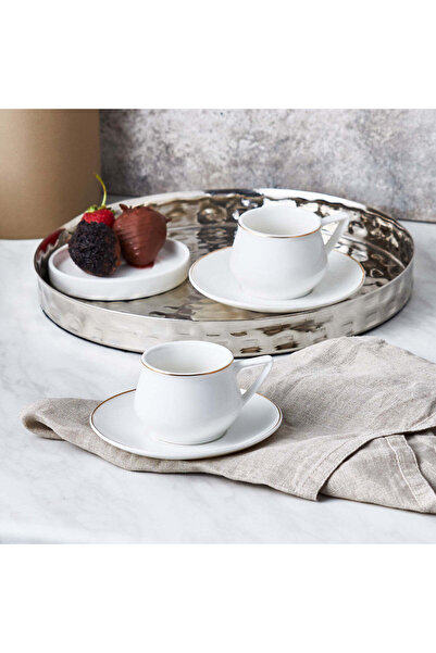Karaca Nakkaş 4 Piece Porcelain Espresso Turkish Coffee Cup Set for 2 People, 90ml, White Gold