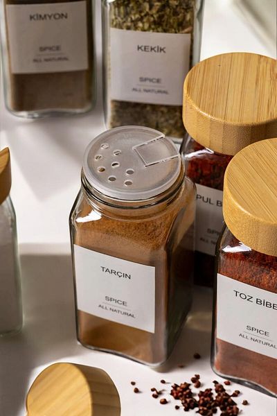 EG75 12 Glass Spice Rack Set with Bamboo Lid and 16 Stickers as a Gift...