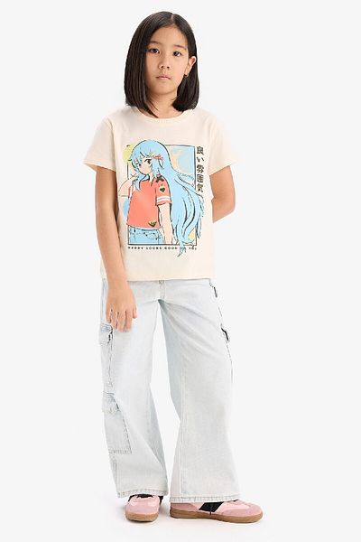 DeFacto Girl's Crew Neck Anime Printed Short Sleeve T-Shirt E0350A825Sm