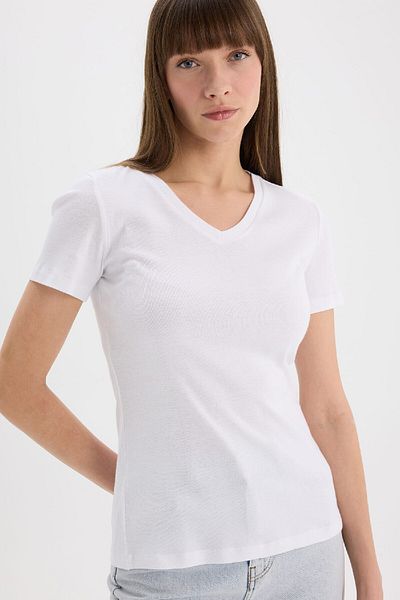 DeFacto Slim Fit Slim Fit V-Ausschnitt Rib Basic Plain Kurzarm Weißes T-Shirt I1080az25sp
