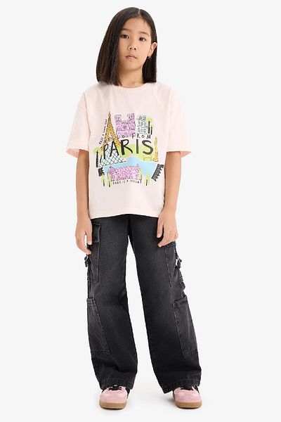 DeFacto Girl's Oversize Wide Fit Crew Neck Printed Short Sleeve T-Shirt E0356A825Sm