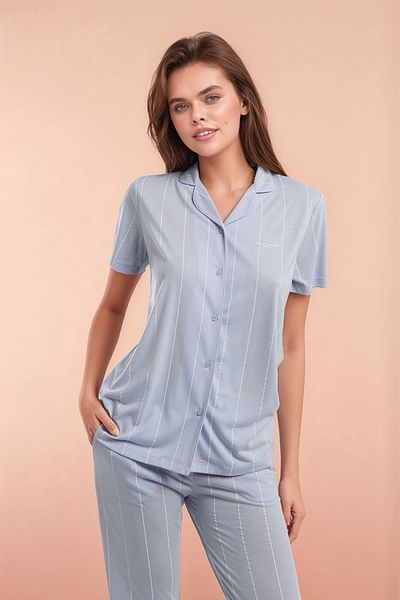 Pierre Cardin Set pijamale din bumbac și viscoză cu model pentru femei, albastru, cu mâneci scurte, cu nasturi în față Q9P0K9C3K