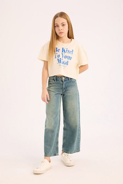 DeFacto Girls' Crew Neck Printed Short Sleeve T-Shirt E0352A825Sm