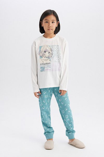 DeFacto Pyjama-Set für Mädchen, langärmeliges Oberteil, dehnbare Taille, langer Boden, E0531a825sp