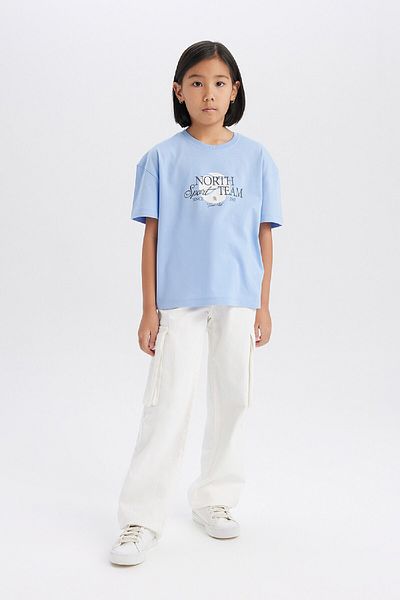 DeFacto Tricou cu mânecă scurtă cu imprimeu pentru fete, cu decolteu, relaxat, E0355A825SM