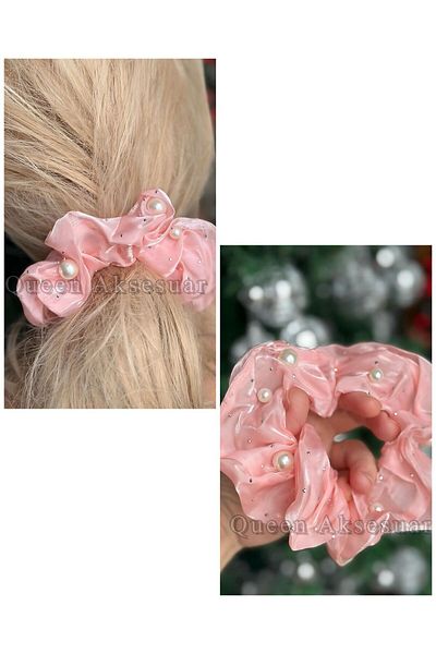 QUEEN AKSESUAR Luxury Stone Pearl Ornament Pink Scrunchie Shiny Satin Fabric Rubber Scrunchy