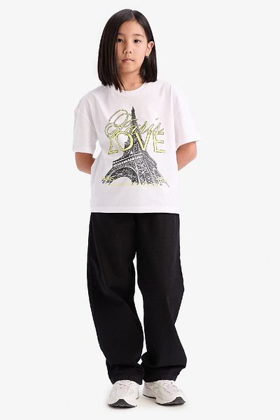 DeFacto Tricou cu mânecă scurtă cu imprimeu pentru fete, cu decolteu, relaxat, E0353A825SM