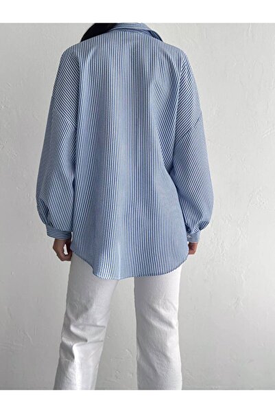 Butik Merrline Cămașă cu mâneci balon, cu dungi, de calitate superioară, albastră, pentru femei, cu croiala largă