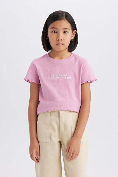 DeFacto Μπλουζάκι καμισόλε με μοτίβο με λαιμόκοψη για κορίτσια - λεπτή εφαρμογή, κοντό μανίκι B6689A8