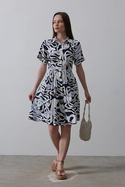 modaserdem Navy Blue Printed Linen Dress