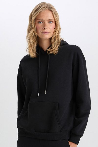 DeFacto Relax Fit Kapuzenpullover mit Kängurutasche, dickes, schlichtes, schwarzes Basic-Sweatshirt W8071az24wn