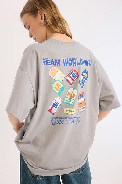 DeFacto Tricou cu mânecă scurtă, cu mânecă scurtă, cu imprimeu la spate, cu croială largă, E0671ax25sm