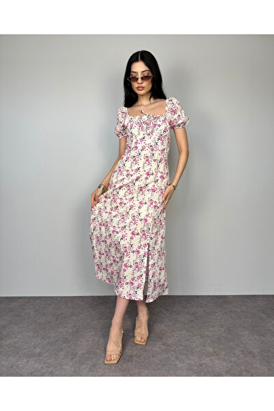 deqfashion فستان متوسط الطول برقبة وأكمام بالون وطبعة زهور