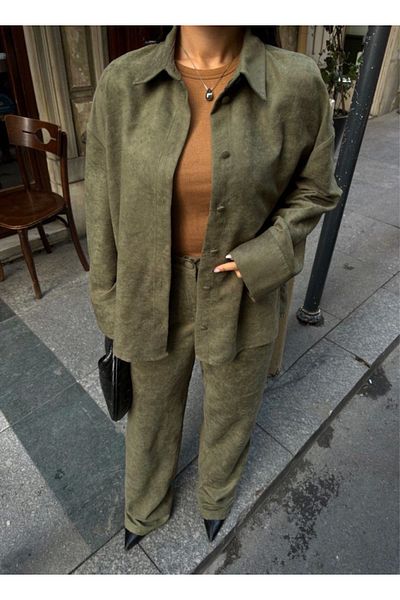 modaserdem Khaki Suede Shirt and Palazzo Pants Set