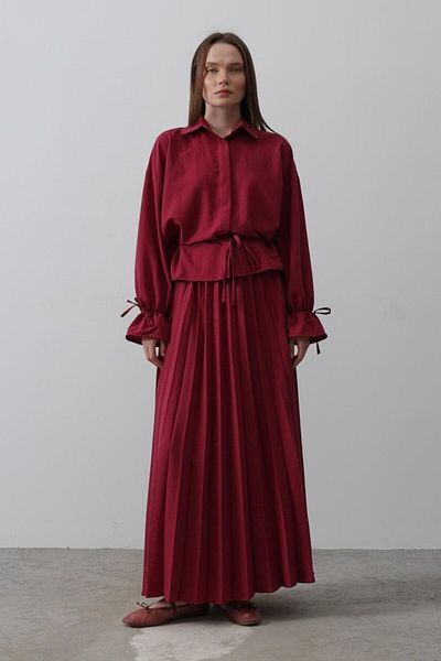 modaserdem Waist Detailed Blouse Pleated Skirt - Burgundy