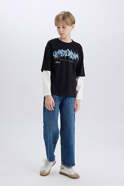 DeFacto Tricou cu mânecă lungă imprimat cu gâtul turn pentru băiat, supradimensionat, cu croiala largă D7701A825SP