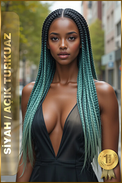 TAM TARZ Afrika Örgüsü Ve Rasta İçin Sentetik Saç - 2 Renkli / Siyah-Açık Turkuaz