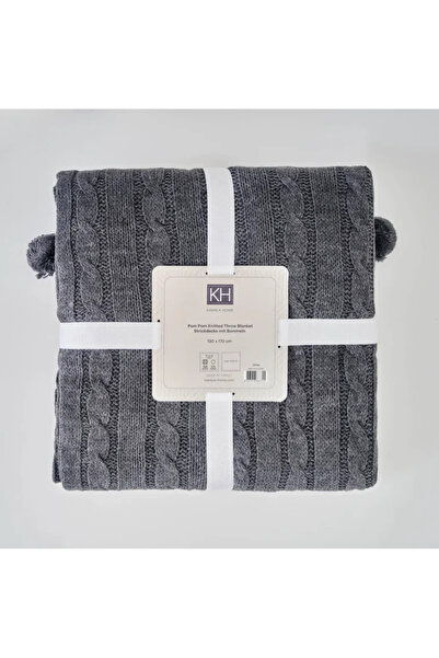 Karaca Home Pompom Cable Knit Throw, 130cmx170cm, Grey