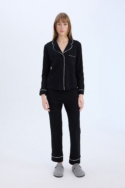 DeFacto Long Sleeve Pajama Set Stretchy Waisted Long Pajama Bottoms and Long Pajama Tops