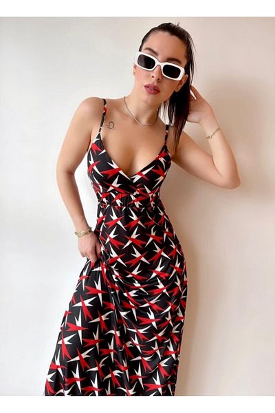 modaserdem Women's Rope Strap V-Neck Chest and Back Low-Cut Long Dress