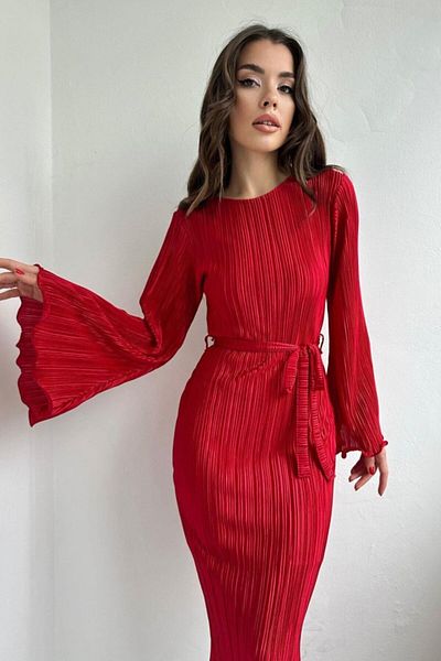 modaserdem Women's Red Spanish Sleeve Pleated Night-Graduation-Wedding-Evening Dress