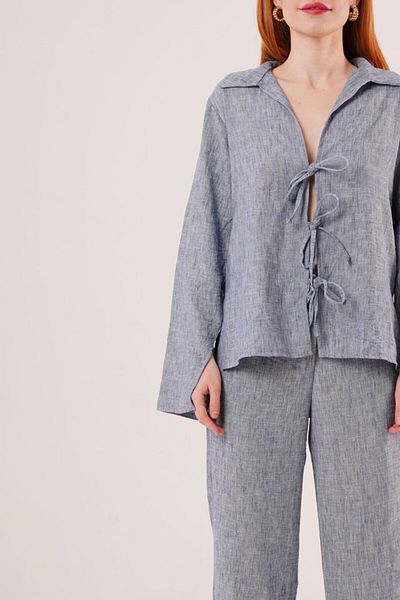 modaserdem Front Tie Detailed Trousers and Shirt Indigo Double Set