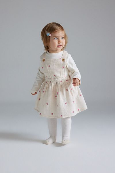 DeFacto Muslin Floral Print Long Sleeve T-Shirt, Salopet Dress and Pantyhose Set for Baby Girl - D9096A525Sp