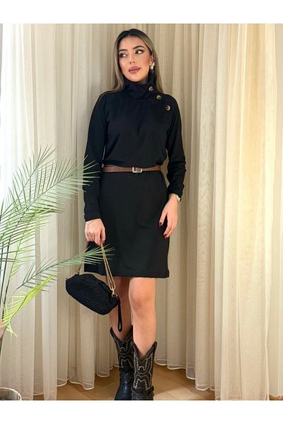 modaserdem Women's Long Sleeve Turtleneck Button Detail Short Raised Diving Dress