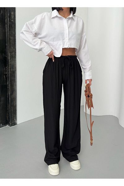 aytenli High Waist Wide Leg Lace up Fitted Elastic Waist Pocket Strawberry Fabric Palazzo Pants