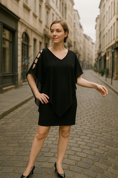 modaserdem Rochie de damă cu decolteu în V cu mâneci din șifon cu dantelă