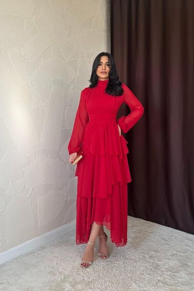 modaserdem Women's Red Waist Detailed Long Evening-Graduation-Wedding-Occasion Dress