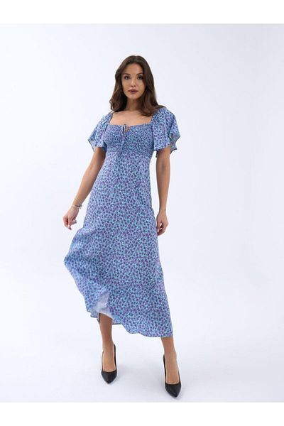 modaserdem Rochie lungă, confortabilă, 100% țesătură Viscon, cu mâneci scurte cu volan, cu detaliu din dantelă