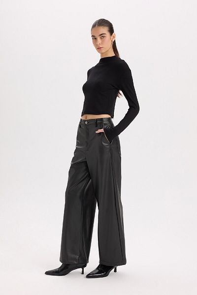 DeFacto Culotte Faux Leather Winter Pants with Pockets High Waist Wide Leg D9372Ax24Au