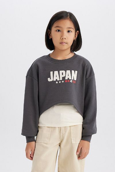 DeFacto Girls' 2-Piece Set Crop Crew Neck Printed Sweatshirt Undershirt D8820A825Sp