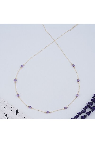 NEW'ORO JEWELRY MOR TAŞLI ZİNCİR KOLYE