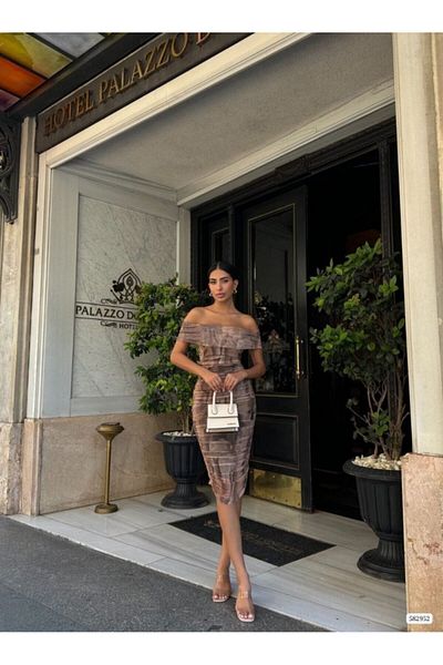 modaserdem Rochie din șifon de lungime midi pentru femei Madonna Guler Wave Pattern