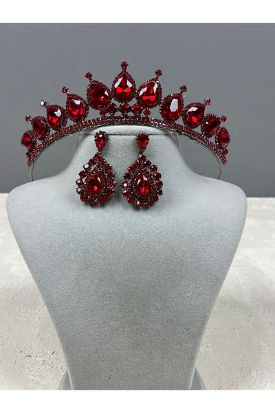Limelia Red Neri Model Henna and Wedding Costume Crown & Shuttlecock Earring Set