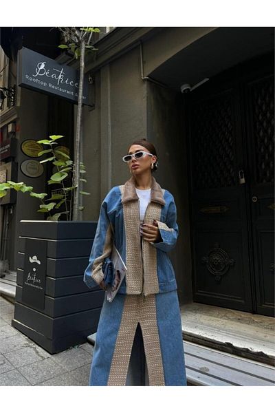 modaserdem Beige Women's g Garnished Denim Coat
