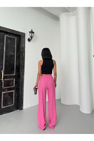 aytenli High Waist Wide Leg Lace up Fitted Elastic Waist Pocket Strawberry Fabric Palazzo Pants