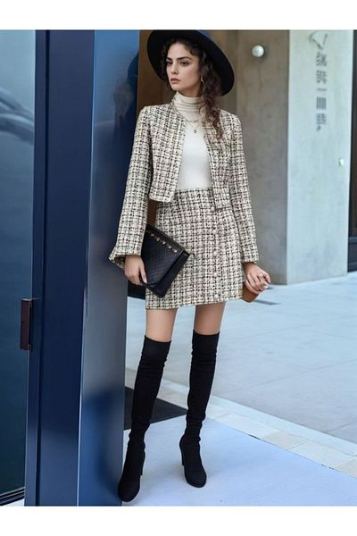 modaserdem Women's Long Sleeve Open Front Button Detailed Woven Jacket Skirt Double Set