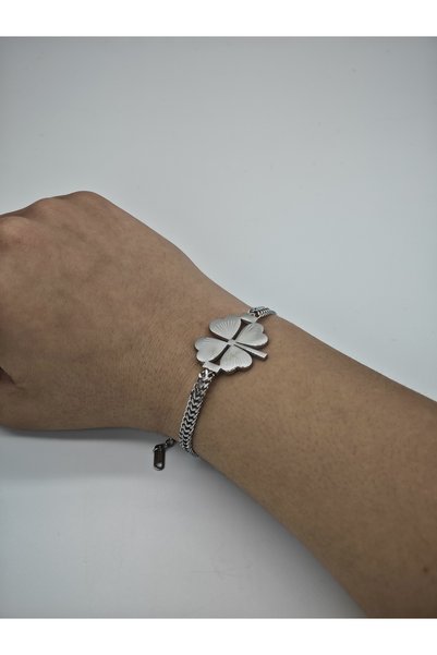 Aksesuarlia Silver Color Plated Clover Stainless Steel Bracelet, Daily Life, Wedding, Engagement